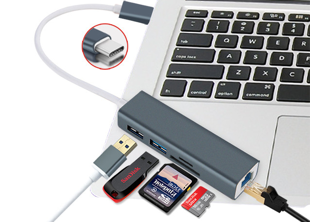 5 in 1 Type-C to 100M Ethernet+ HUB+Card reader